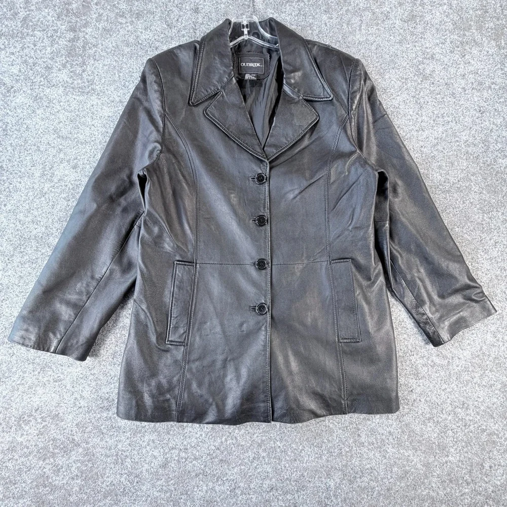 Y2K‎ OutBrook Genuine Leather Blazer Jacket Womens L Black Button-Front Outdoor